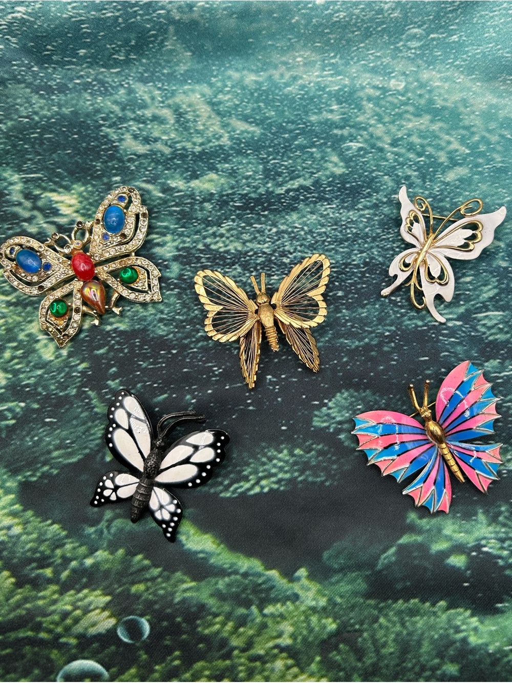 Five Piece Assorted Butterfly Brooch Pin Set - Multicolor Metals Gold Monet Sign